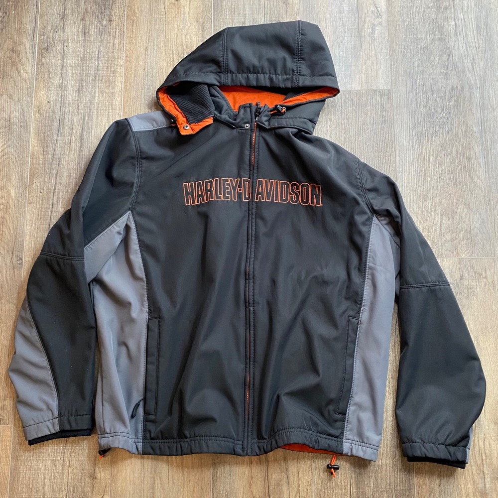Harley-Davidson Mens 2XL Black Grey Orange Softshell Hooded Fleece Jacket Logo